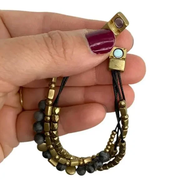 Vintage 4 Strand Layered Beaded Bracelet Black Brushed Gold Tone - Picture 5 of 5